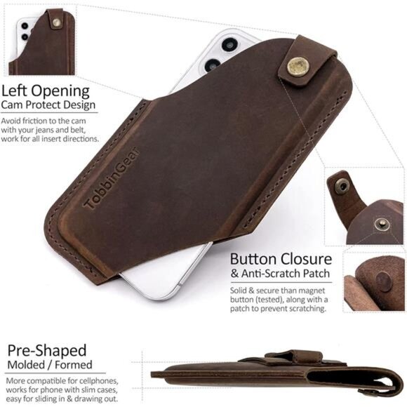 Leather Cell Phone Holster with Belt Clip, Leather Belt Phone Pouch, Universal - Picture 3 of 7